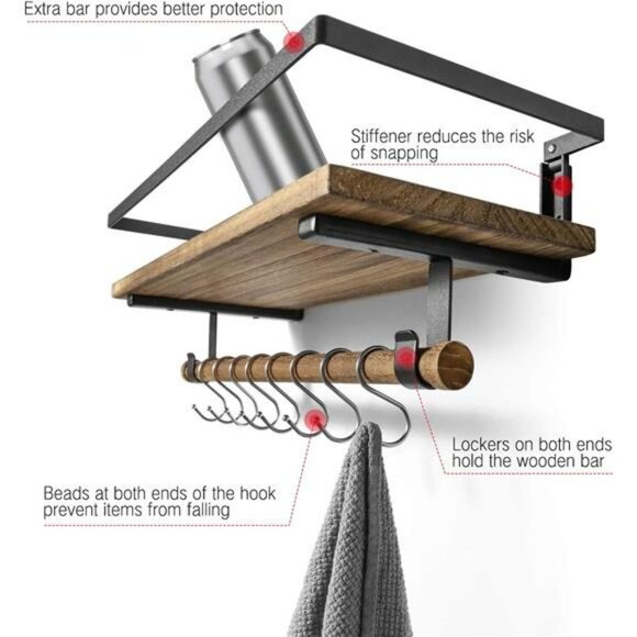 Floating Bathroom Shelves for Kitchen Coffee Bedroom Decor, Wood Wall Mounted - Picture 6 of 6